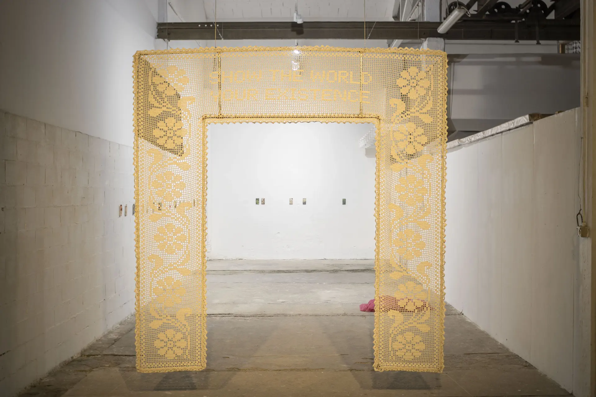Show the World Your Existence — frontal view of the filet crochet threshold